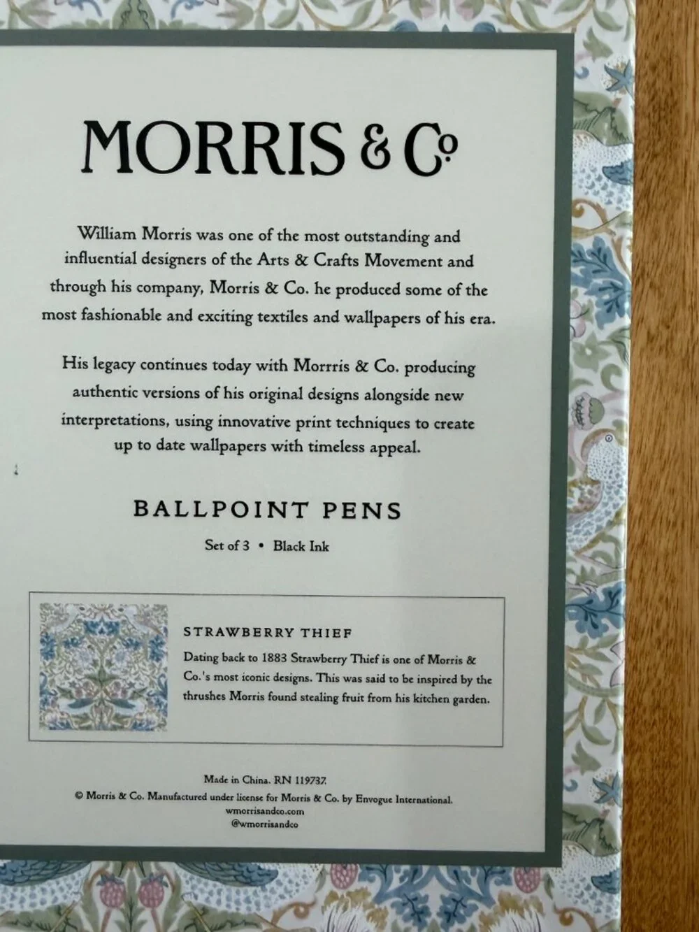 William Morris & Co Strawberry Thief Set of 3 Ballpoint Pens Set Black Ink NIB